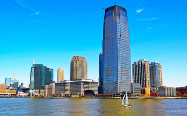 Jersey City, New Jersey and Hudson River. View from Manhattan, New York of USA. Skyline and...