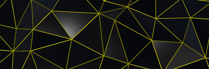 3d ILLUSTRATION, of black abstract crystal background yellow lines, triangular texture, wide panoramic for wallpaper, 3d black background low poly design