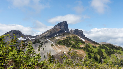 Snowy mountains with a lake at the bottom and cloudy sky
