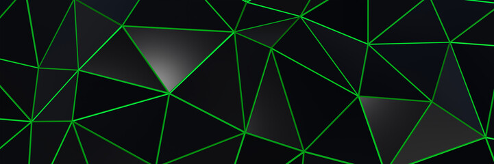 3d ILLUSTRATION, of black abstract crystal background green lines, triangular texture, wide panoramic for wallpaper, 3d black background low poly design