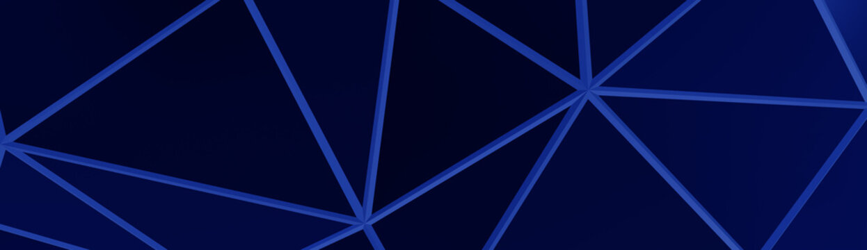 3d ILLUSTRATION, of black abstract crystal background nlue lines, triangular texture, wide panoramic for wallpaper, 3d black background low poly design