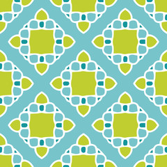 Chartreuse and teal mosaic tile seamless vector pattern. All colors on this hand drawn tile design can be changed to suit your needs.