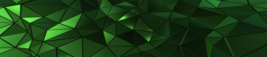 Fototapeta na wymiar 3d ILLUSTRATION, of green abstract crystal background, triangular texture, wide panoramic for wallpaper, 3d black background low poly design