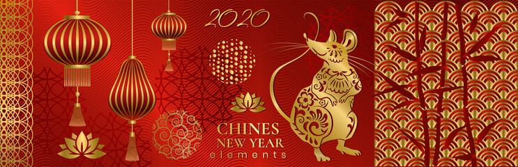 Chinese new year festive elements set for your design. 2020 year of the rat. Vector illustration.