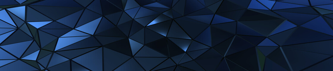 3d ILLUSTRATION, of blue abstract crystal background, triangular texture, wide panoramic for wallpaper, 3d black background low poly design
