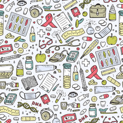 Healthcare and Medicine Vector Seamless pattern. Hand Drawn Doodle Drugs and Medical Products and Devices Background