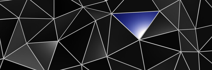 3d ILLUSTRATION, of black abstract crystal background with blue triangle, triangular texture, wide panoramic for wallpaper, 3d black background low poly design