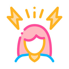 Headache Symptomp Of Pregnancy Vector Sign Icon Thin Line. Character Woman Silhouette And Lightning, Symptomp Of Pregnancy Pictogram. Diagnosis Of Future Mother Contour Illustration