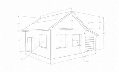 Drawing at home with garage in 3D, with red pointers size, light background