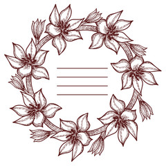 garland with dark brown flowers drawn by hand on a white background, vector drawn, for invitation with site for text