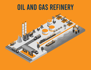 Oil and Gas refinery isometric icon or infographic element with offshore oilrig, tanker,  oil rig, refinery plant, factory and gas station. Vector illustration. 