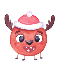 Watercolor children's illustration. Cute monster character wearing a Christmas red hat with pontoon and deer horns.