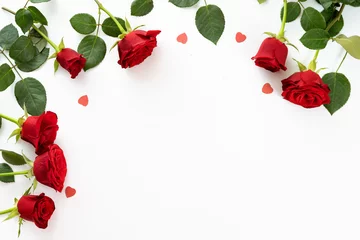 Fotobehang Top view of red roses and hearts for holidays © Katecat