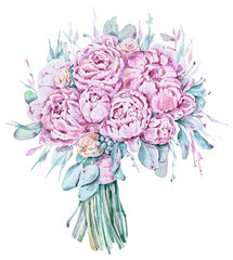 Watercolor hand painted bouquet of peony flowers. Floral illustration on white background.