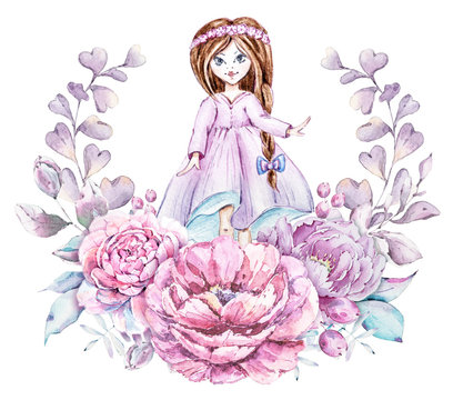 Cute little girl in wreath of peony flowers, leaves, berries. Lovely watercolor hand painted illustration on white background.  Perfect for hand made master, sewing workshop, scrapbooking master