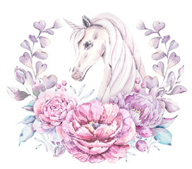 Watercolor floral composition with cute unicorn, flowers, leaves, berries, roses, peonies. Floral logo on white background.