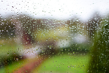 Raindrops on the window. The view from the window on the park during the rain.