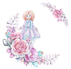 Cute little girl in wreath of peony flowers, leaves, scissors. Lovely watercolor hand painted illustration on white background.  Perfect for hand made master, sewing workshop, scrapbooking master