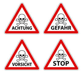 Obraz premium German warning skull crossbones danger road sign red frame
