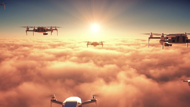 Flight Of Army Of Drones Above The Clouds Against The Backdrop Of The Rising Sun. 4K. Ultra High Definition. 3840x2160. 3D Animation.