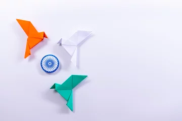 Top view of orange bird,  green bird, white bird and symbol Flag of India on white background. Indian  Republic day or Indian independence Day. © Phongsakorn
