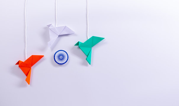 Top view of orange bird,  green bird, white bird and symbol Flag of India on white background. Indian  Republic day or Indian independence Day.