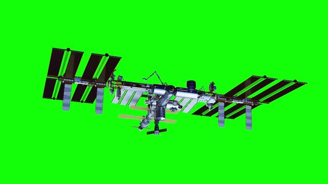 4K. International Space Station Rotates Solar Panels. Green Screen. Ultra High Definition. 3840x2160. 3D Animation.
