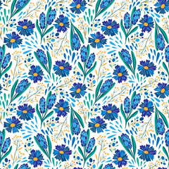 Summer seamless pattern. Floral pattern. Blue cornflower, other flowers and plants on white background. Doodle style