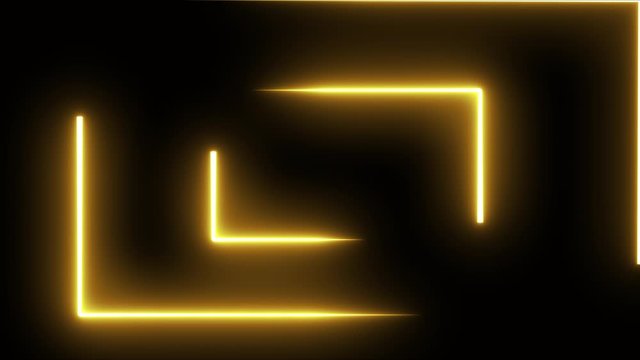 Abstract light neon frame on black background. Laser spectrum show looped animation. Orange gold glowing lines, 4K resolution.