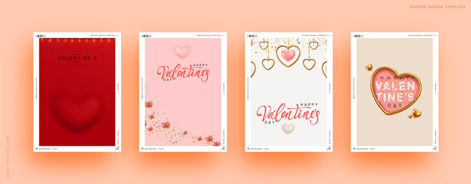 Valentines Day Set of Holiday Gift Card. Romantic banners, web poster, flyers and brochures, greeting cards, group bright covers. Design with realistic decoration objects. wedding invitations