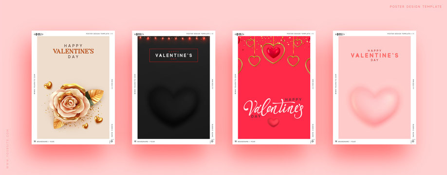 Valentines Day Set of Holiday Gift Card. Romantic banners, web poster, flyers and brochures, greeting cards, group bright covers. Design with realistic decoration objects. wedding invitations