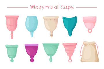 Big collection of different silicone menstrual cups. Cartoon vector illustration icons in set.