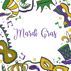Mardi Gras design template. Square frame with masks, beads, crown and carnival decorations. Colorful vector hand drawn sketch illustration