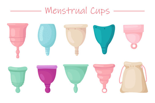 Big Collection Of Different Silicone Menstrual Cups. Cartoon Vector Illustration Icons In Set.