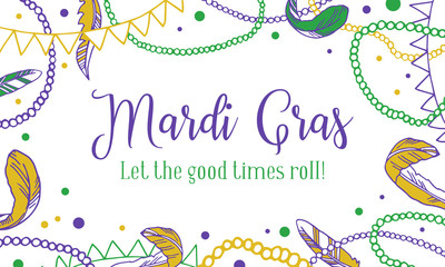 Mardi Gras greeting design template. Rectangular frame with beads and feathers. Vector hand drawn sketch illustration