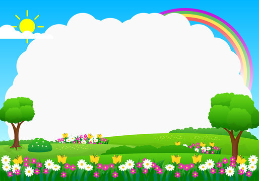 Nature landscape background with funny design suitable for kids. Summer meadow with flowers and green grass vector illustration 