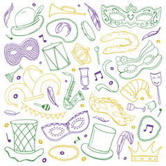 Mardi Gras traditional objects set. Vector outline sketch illustration. Masks, crowns, decorations
