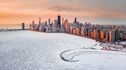 chicago panorama cityscape polar vortex aerial top view