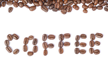 Bean coffee in isolated white background,text coffee of beans