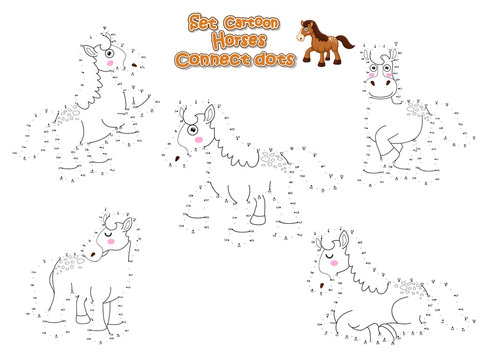 Connect The Dots and Draw Cute Horses Cartoon Set. Educational Game for Kids. Vector Illustration Animal Frame