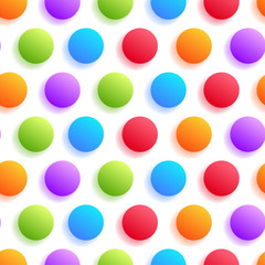 Realistic Colorful circle with shadow seamless pattern on white background. Vector illustration for bright happy design. Light color. Round dot shape.