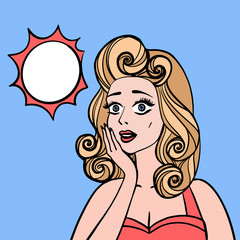 Pin up style surprised woman, pop art girl portrait, vector illustration background