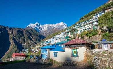 Namche Bazaar with Kongde Ri peak in the background. Namche is the main trading center and hub of...