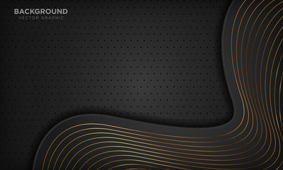 Luxury black abstract wave background with golden lines. Vector illustration.