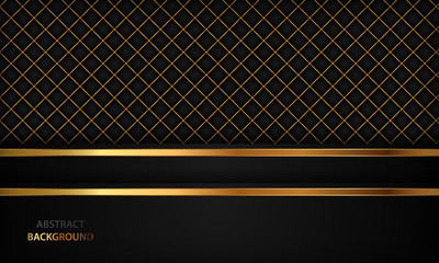 Elegant black luxury background. Black leather textured with gold metal details. Modern vector design template.