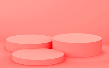 3d pink coral cylinder podium minimal corner studio background. Abstract 3d geometric shape object illustration render. Display for valentine product.