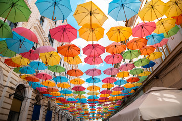 Fototapeta na wymiar Colorful umbrellas street Strada Alba Iulia in Timisoara, Romania