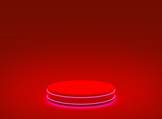 3d red neon light cylinder podium minimal studio red dark background. Abstract 3d geometric shape object illustration render. Display for christmas holiday product.