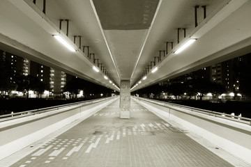 Empty foot bridge and pedestrian walkway at night