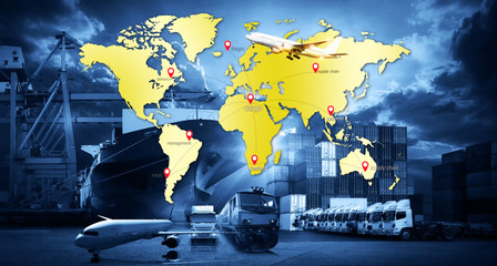 logistic network distribution on background. Logistic and transport concept in front Industrial Container Cargo freight ship for Concept of fast or instant shipping, Online goods orders